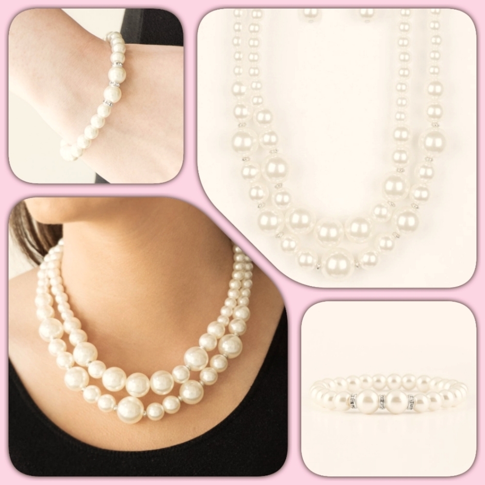Elegant White Pearl Necklace & Bracelet Set NWT